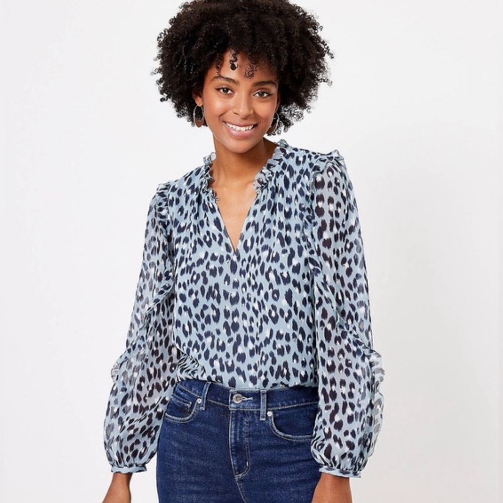 Loft Blue Leopard Ruffle Blouse